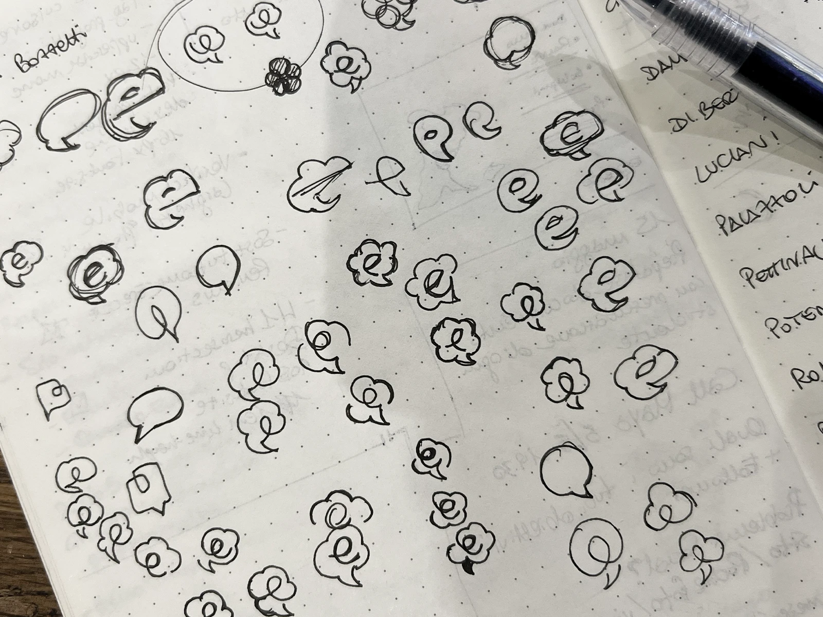 Estropix early logo sketches — speech bubble and letter E explorations