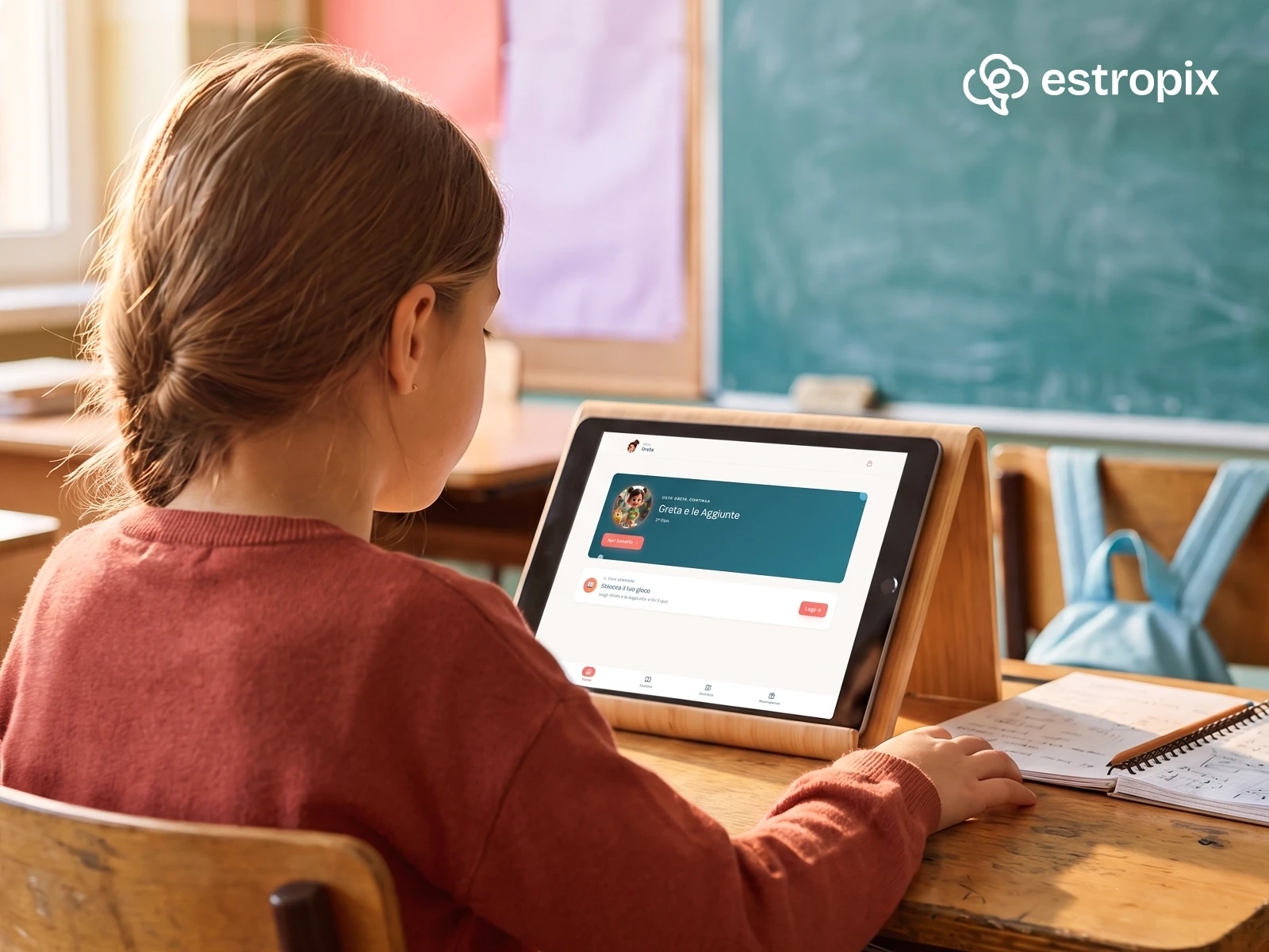 Child using the Estropix app on a tablet at a school desk