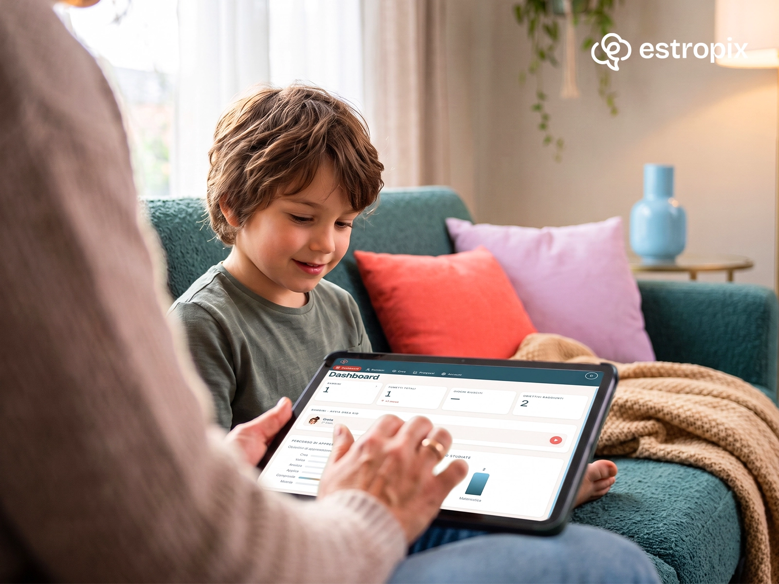 Estropix web app interface shown on a tablet