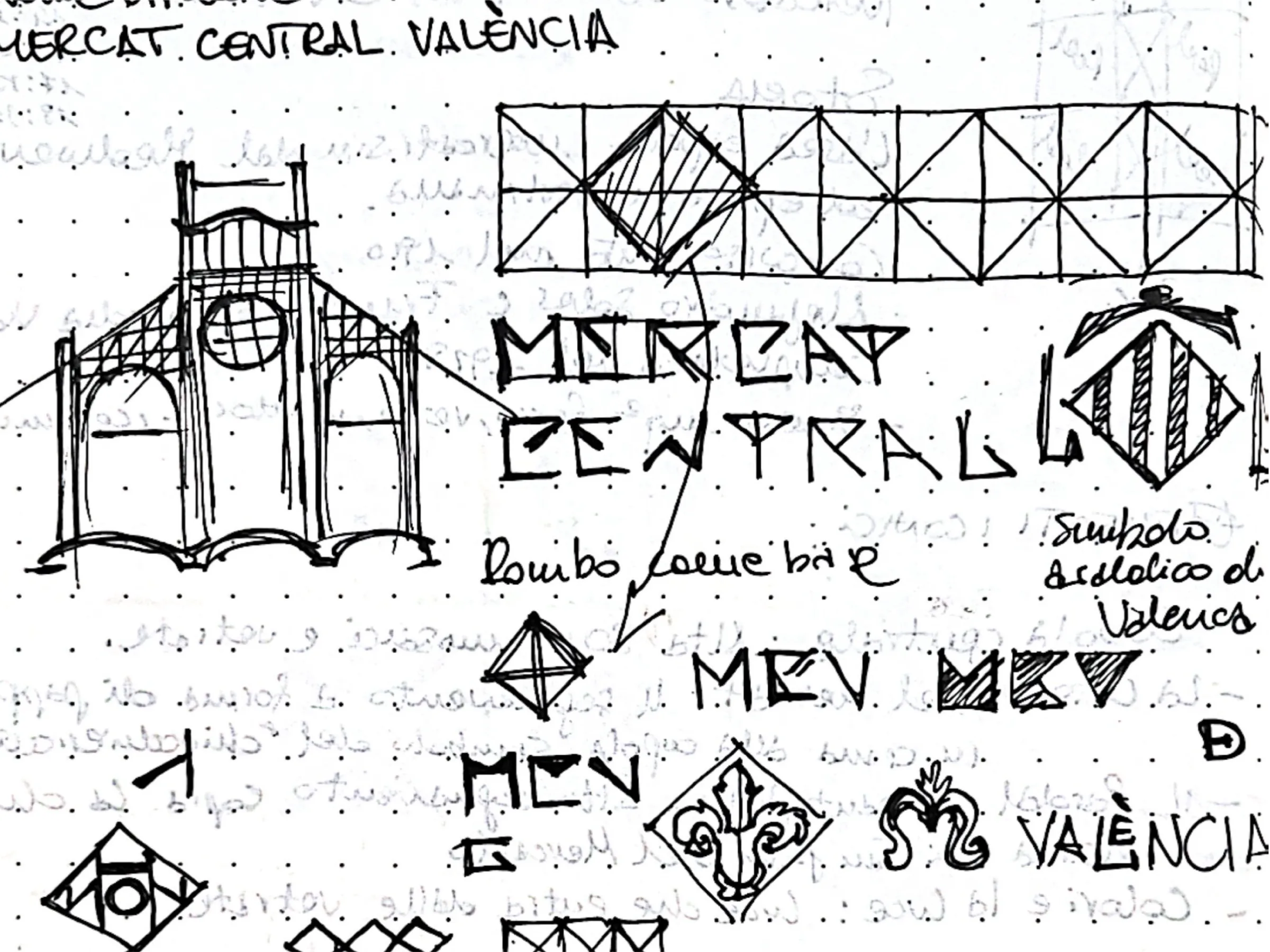 Hand-drawn exploration of the MCV monogram and symbol on the façade grid