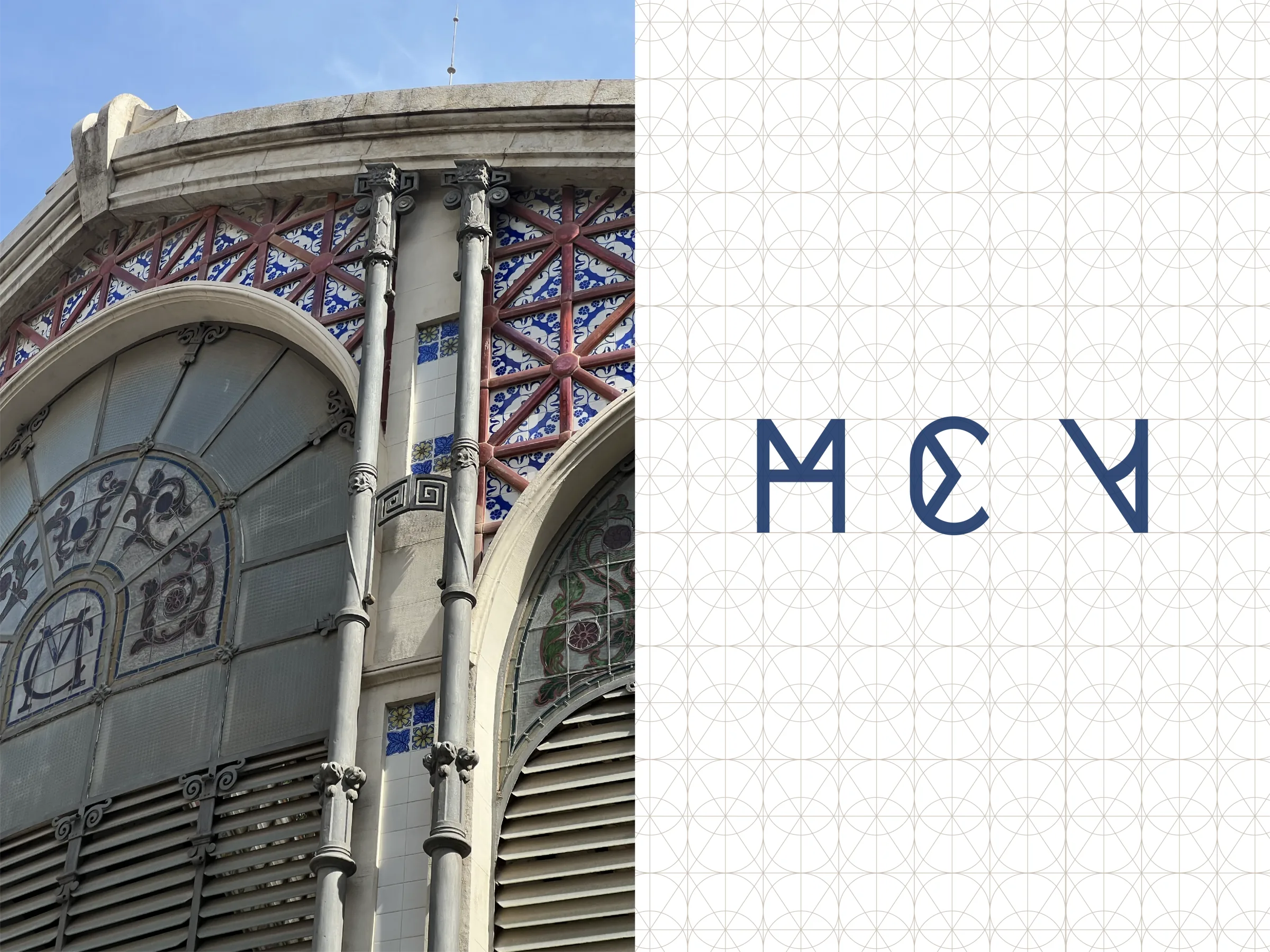 MCV monogram over a pattern drawn from the façade grid