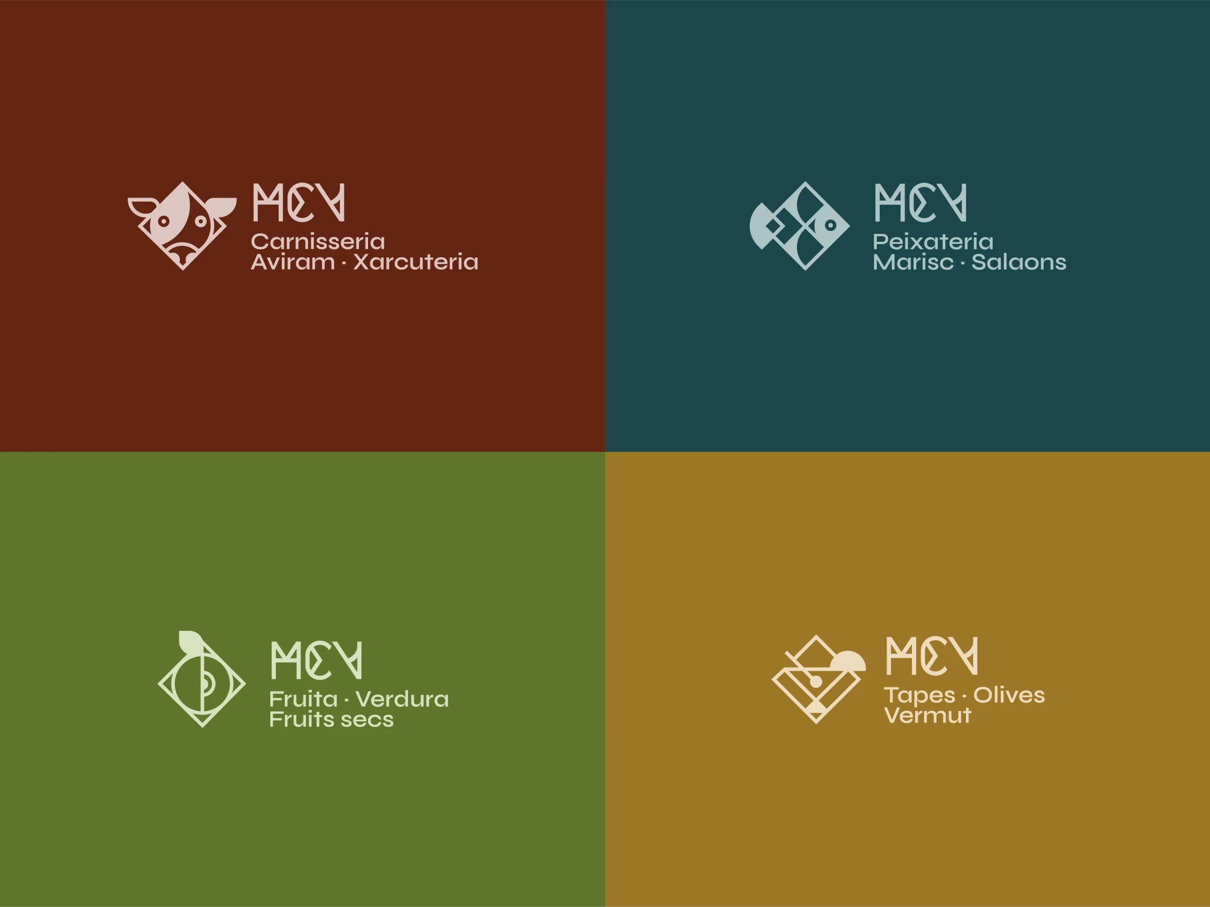 The four category lockups — Carn, Peix, Horta and Bar — each with its own colour and symbol