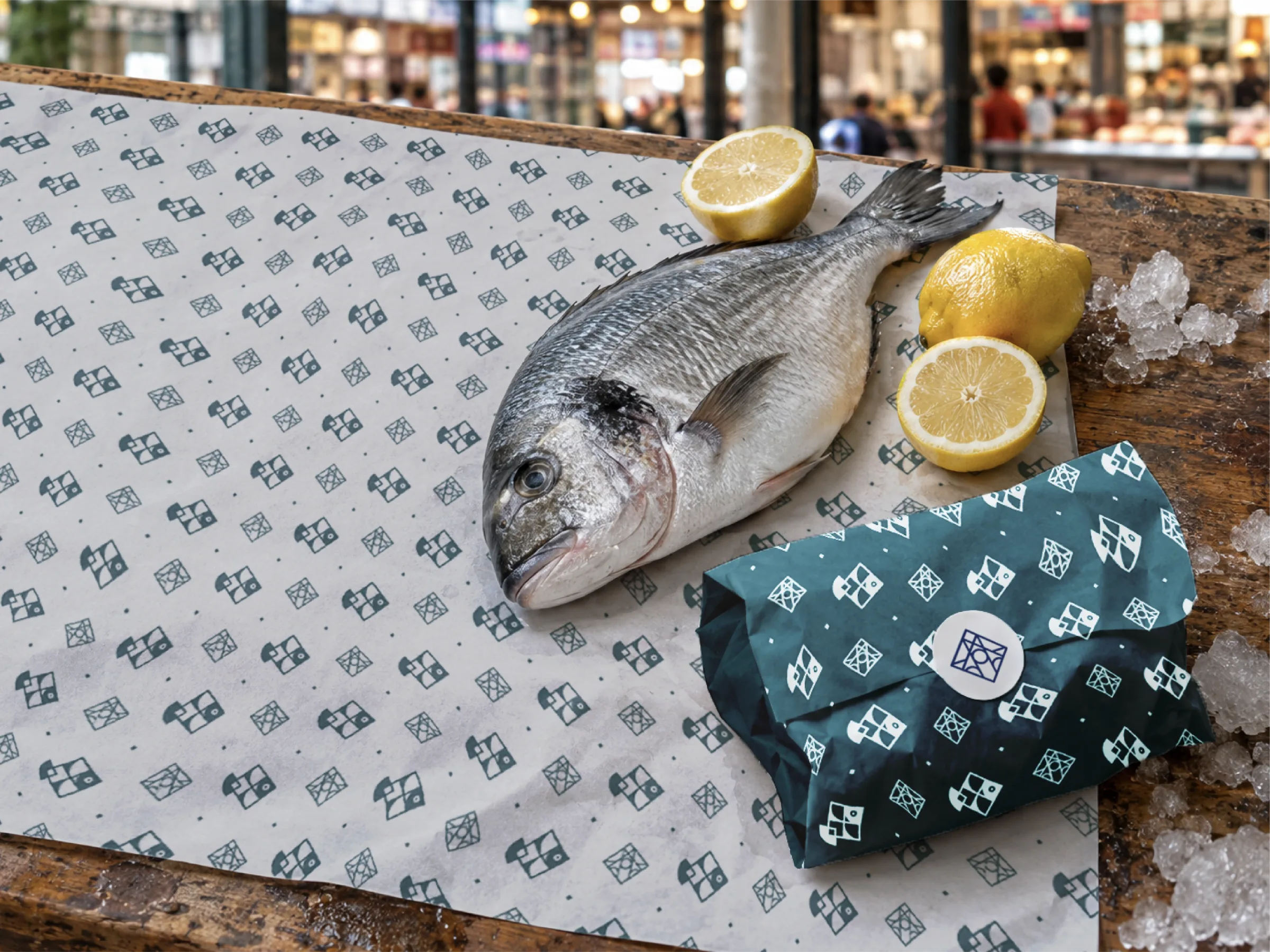 Fish wrapping paper with a pattern combining the symbol and the shapes of the catch