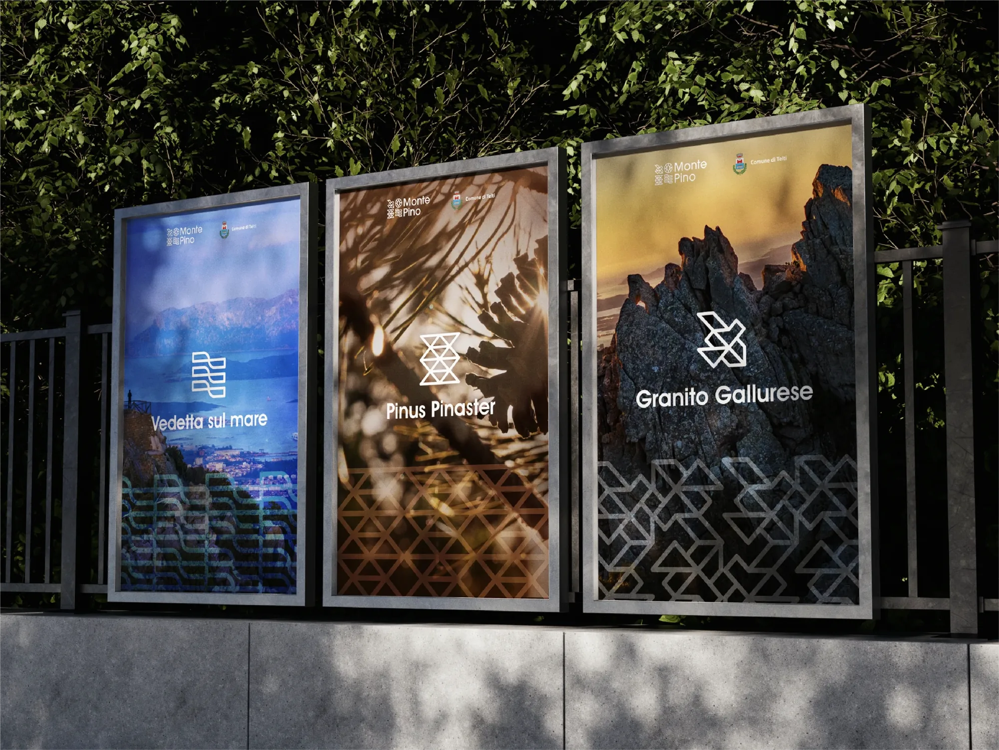 Three Monte Pino posters: Vedetta sul mare, Pinus Pinaster and Granito Gallurese