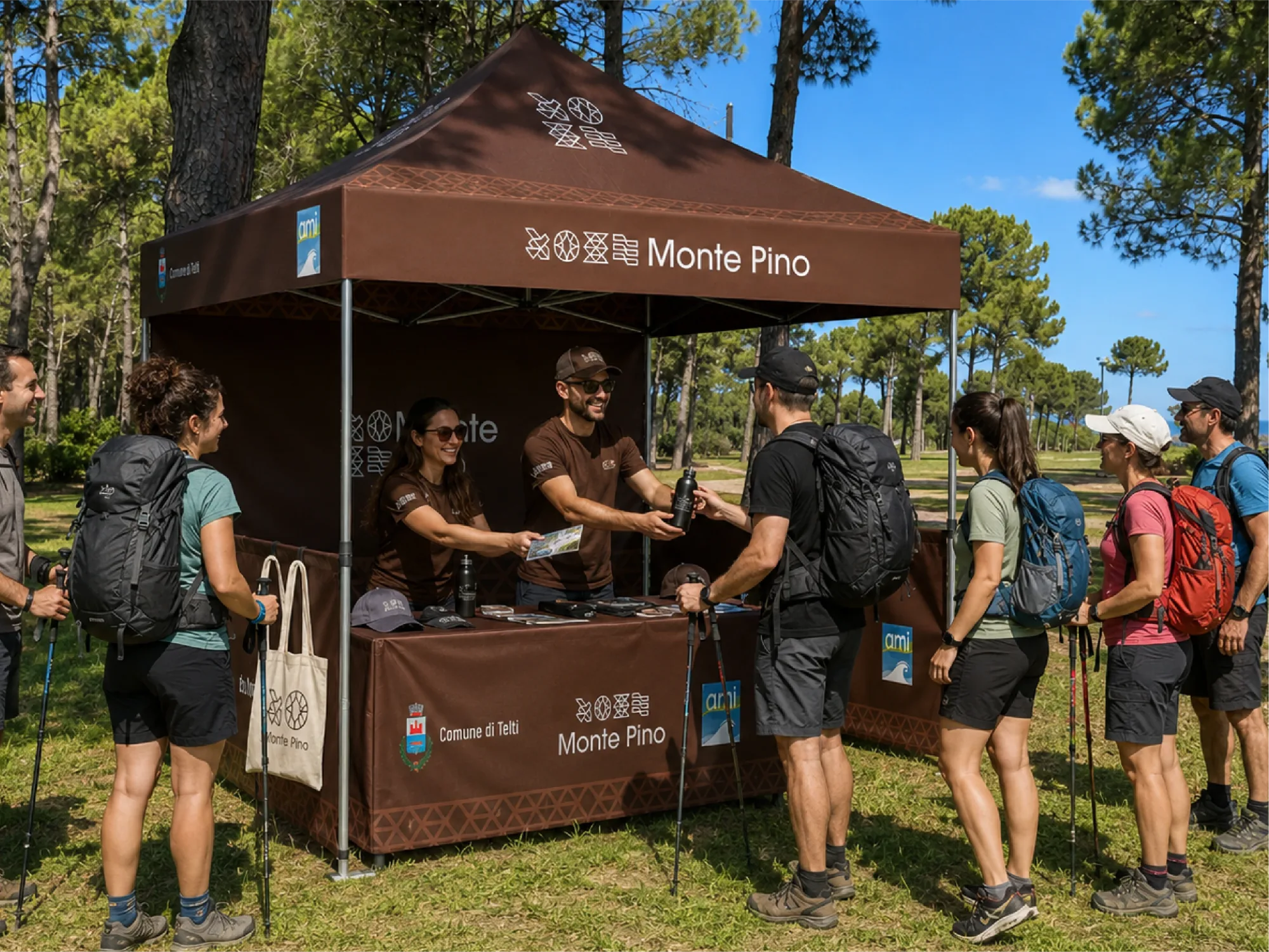 Monte Pino information gazebo with branded tent, tote bag and staff